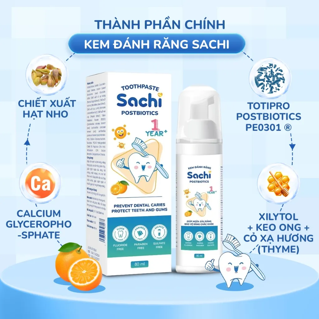 Ảnh Kem Đánh Răng Sachi Postbiotics Dạng Bọt Giúp Làm Sạch, Ngừa Sâu Răng 80ml An Toàn Cho Bé 1