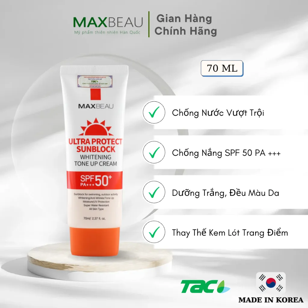 Ảnh Kem Chống Nắng Kháng Nước, Nâng Tone, Trắng Da Maxbeau Ultra Protect Sunblock TAC 70ml 2