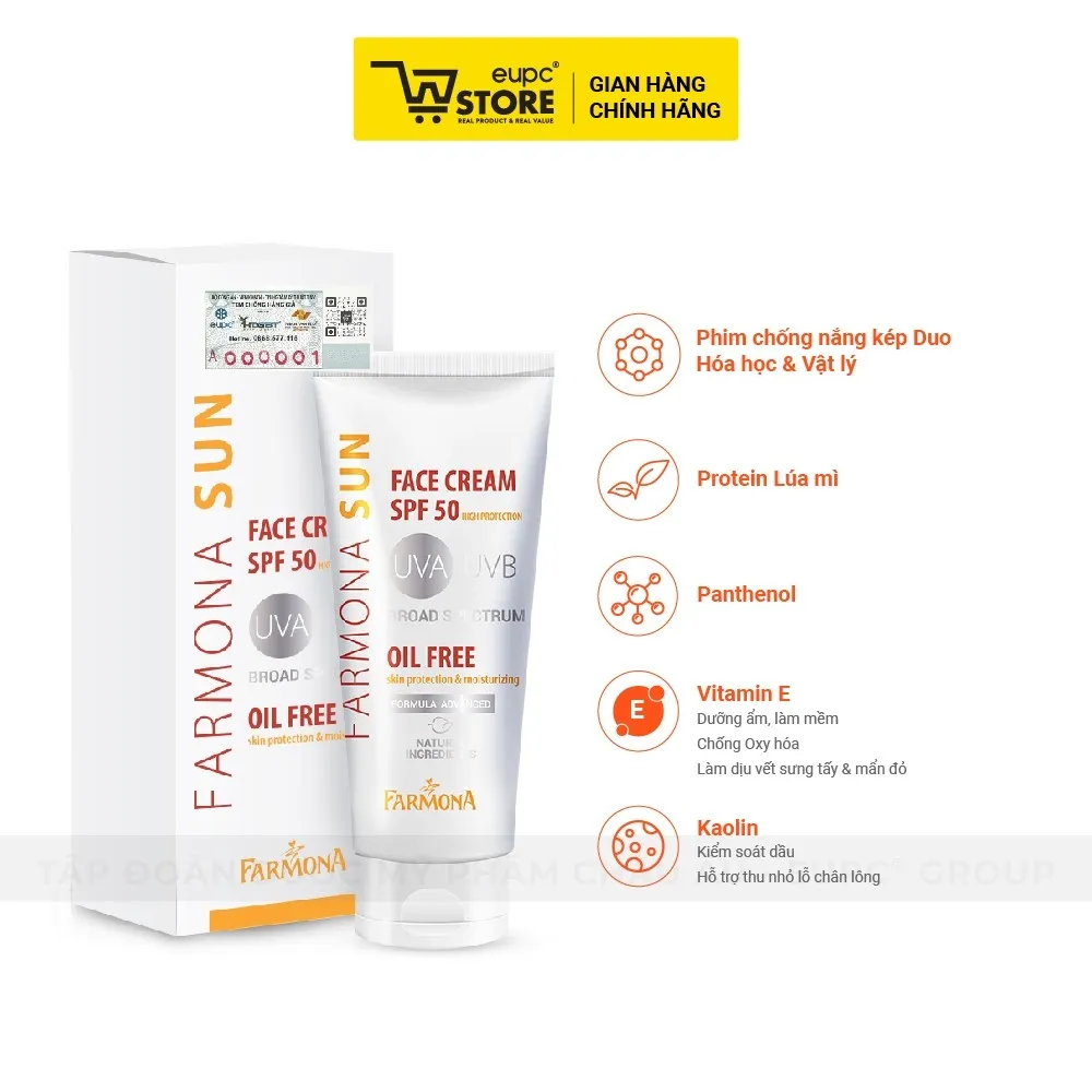 Ảnh Kem Chống Nắng SPF50 Không Chứa Dầu Cho Da Mặt Farmona Sun 50ml Bảo Vệ Da, Chặn Tia UVA/UVB Hiệu Quả EUPC STORE 1