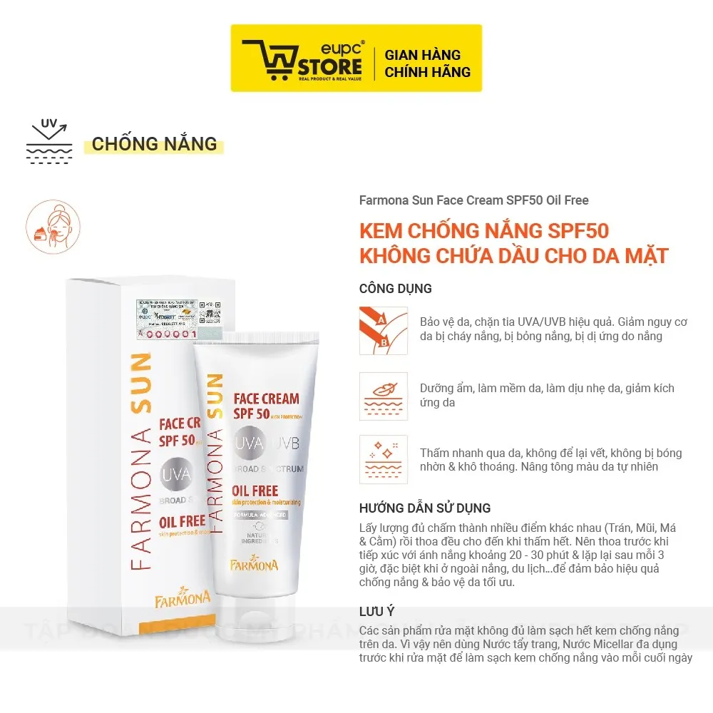 Ảnh Kem Chống Nắng SPF50 Không Chứa Dầu Cho Da Mặt Farmona Sun 50ml Bảo Vệ Da, Chặn Tia UVA/UVB Hiệu Quả EUPC STORE 2