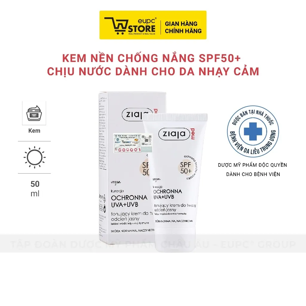Ảnh Kem Nền Chống Nắng Ziaja Med 50ml SPF50+ Phổ Hấp Thụ Bức Xạ Rộng, Chịu Nước Dành Cho Da Nhạy Cảm EUPC STORE 1
