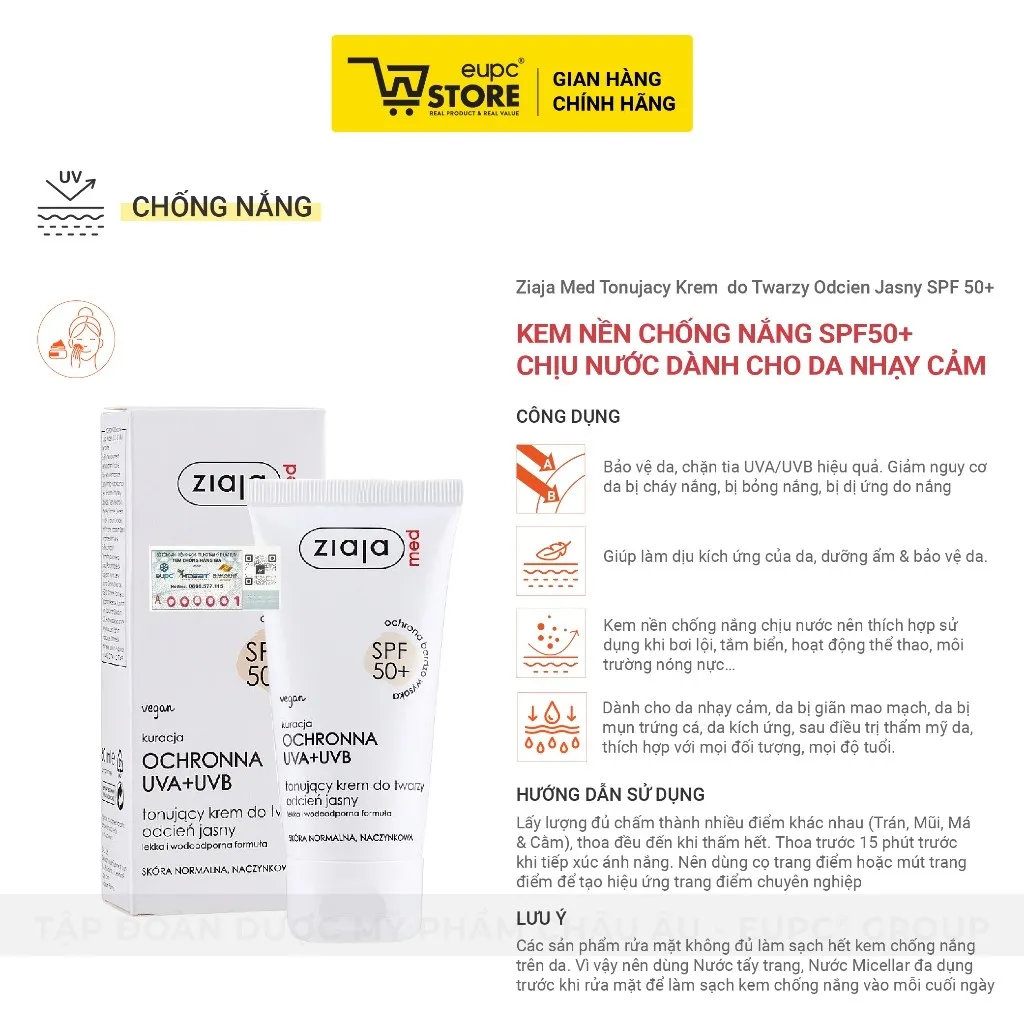 Ảnh Kem Nền Chống Nắng Ziaja Med 50ml SPF50+ Phổ Hấp Thụ Bức Xạ Rộng, Chịu Nước Dành Cho Da Nhạy Cảm EUPC STORE 3