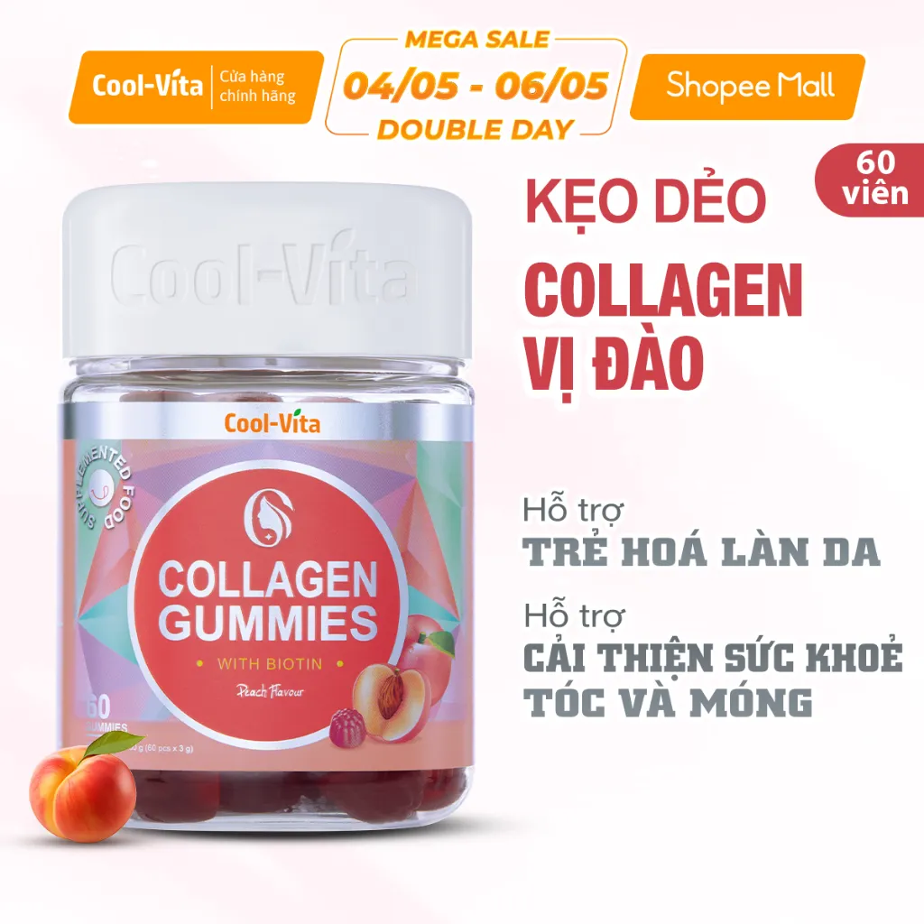 Ảnh Kẹo Dẻo Collagen Hỗ Trợ Trẻ Hóa Sáng Da & Cải Thiện Sức Khỏe Tóc Móng Vị Đào Kết Hợp Biotin Coolvita (60 viên x 3g)/hộp 1