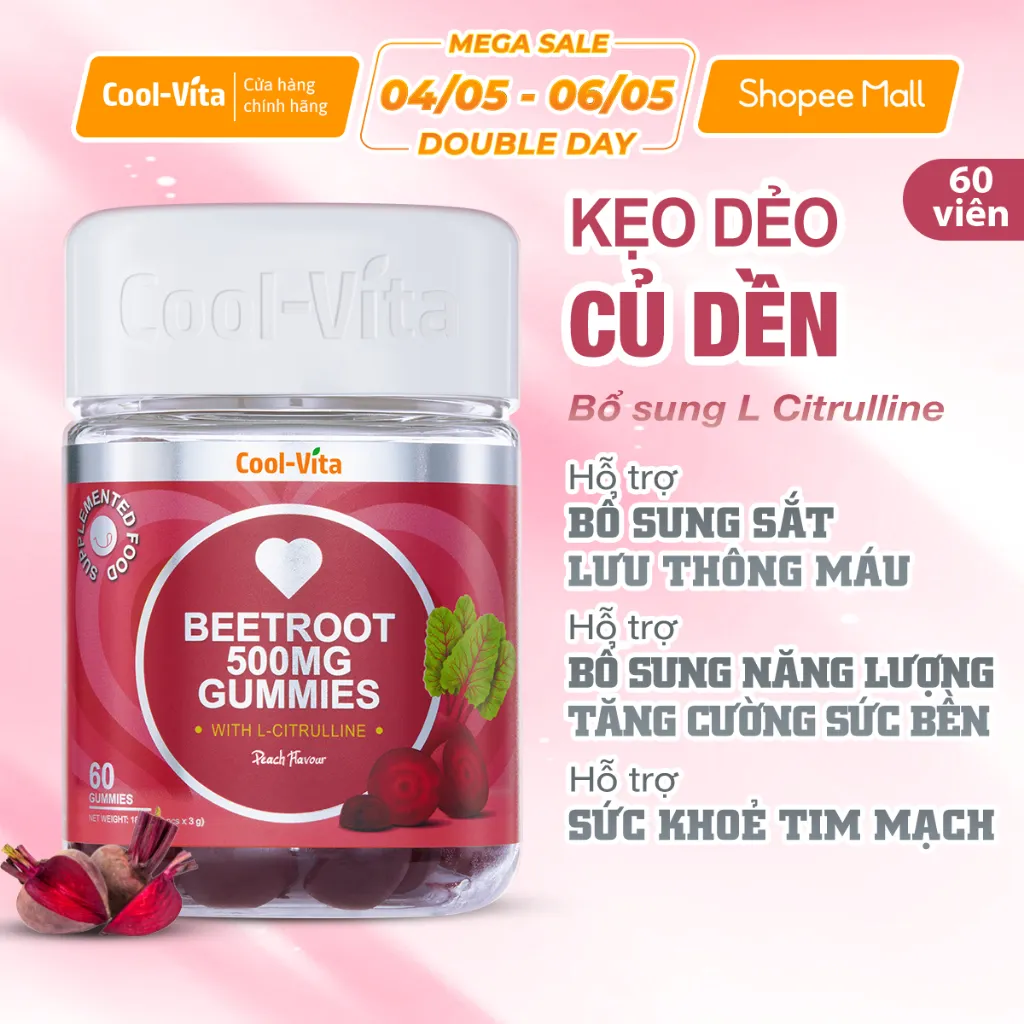 Ảnh Kẹo Dẻo Củ Dền Thuần Chay Hỗ Trợ Bổ Sung Sắt, Lưu Thông Máu & Hỗ Trợ Bổ Sung Năng Lượng LCitrulline Vị Đào Coolvita 1