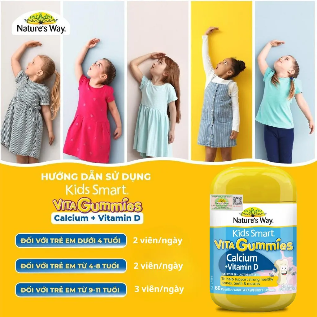 Ảnh Kẹo Dẻo Vi Chất Cho Bé Nature’s Way Kids Smart Vita Gummies Calcium + Vitamin D, Kẹo Cao Hỗ Trợ Phát Triển Chiều Cao 60v 1