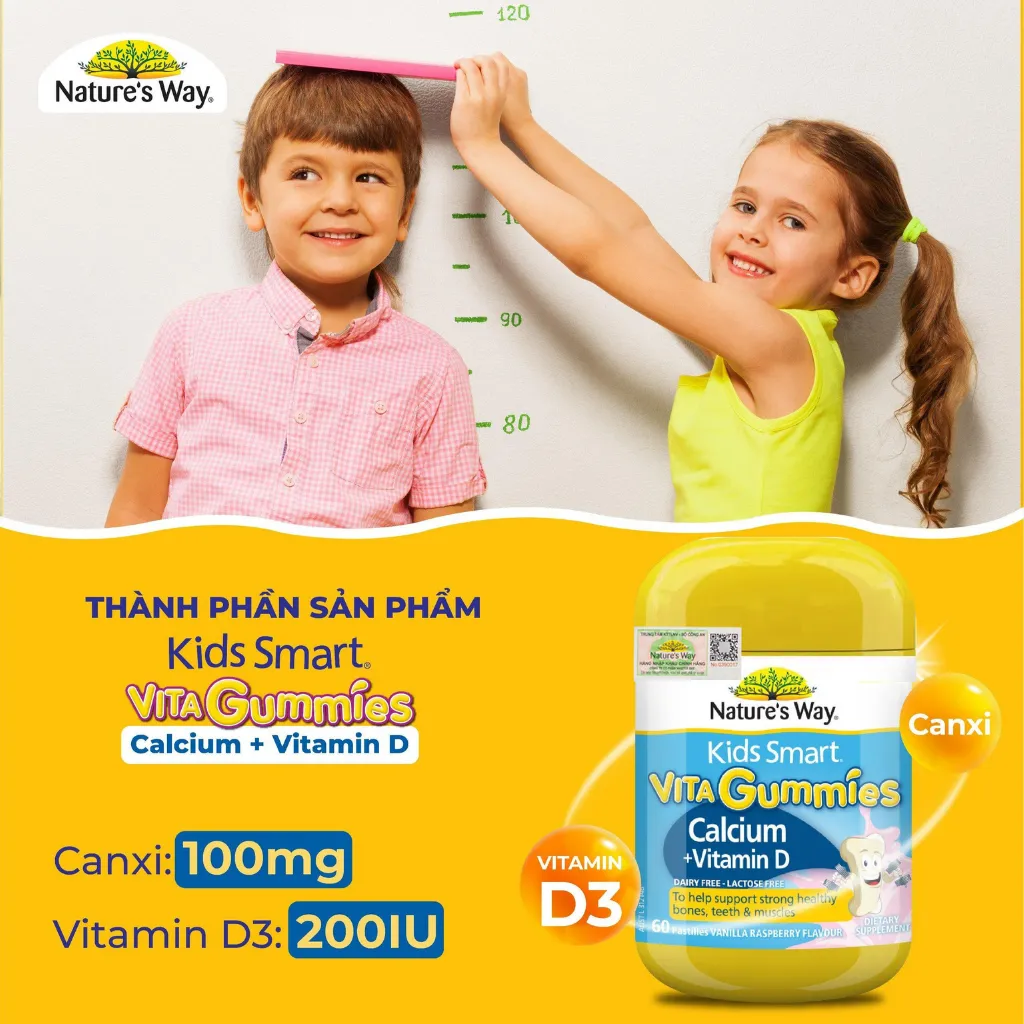Ảnh Kẹo Dẻo Vi Chất Cho Bé Nature’s Way Kids Smart Vita Gummies Calcium + Vitamin D, Kẹo Cao Hỗ Trợ Phát Triển Chiều Cao 60v 2