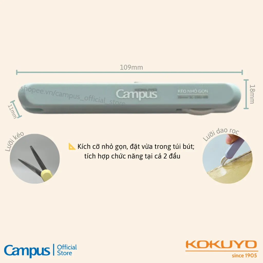Ảnh Kéo Mini Đa Năng Gấp Gọn Thép Không Gỉ Series Kusumi Bổ Sung Đầu Rọc Carton Chính Hãng Campus 2