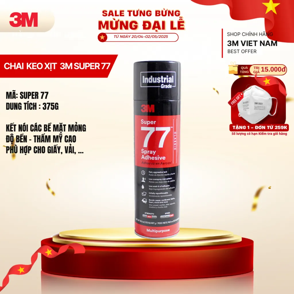 Ảnh Keo Xịt Đa Năng 3M™ Super 77™ - 375g - Xitj trên giấy, vải, ... siêu mỏng dính chắc 1