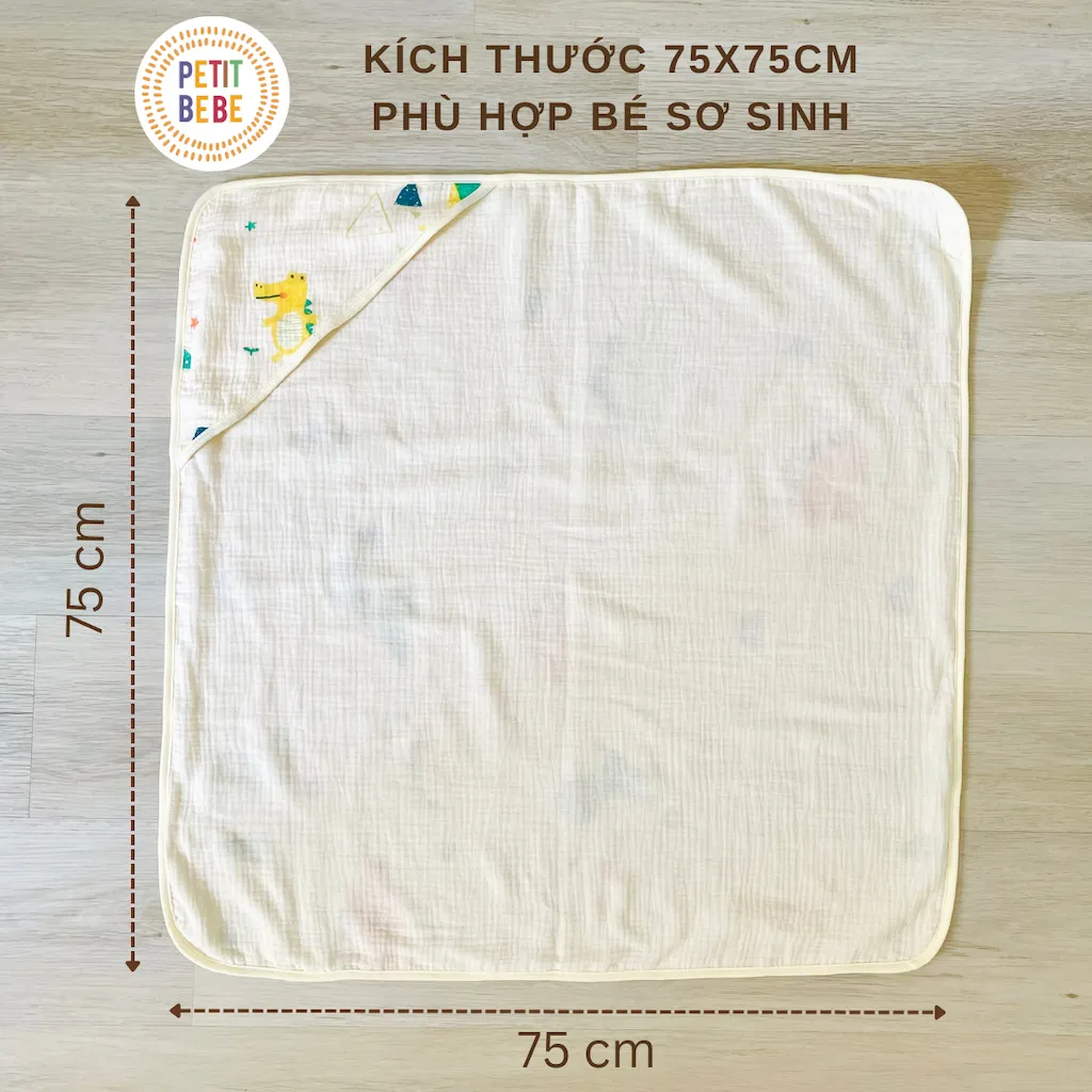 Ảnh Khăn choàng ủ sơ sinh có mũ PETIT BEBE muslin 4 lớp thoáng khí mềm mại nhiều họa tiết dễ thương 3