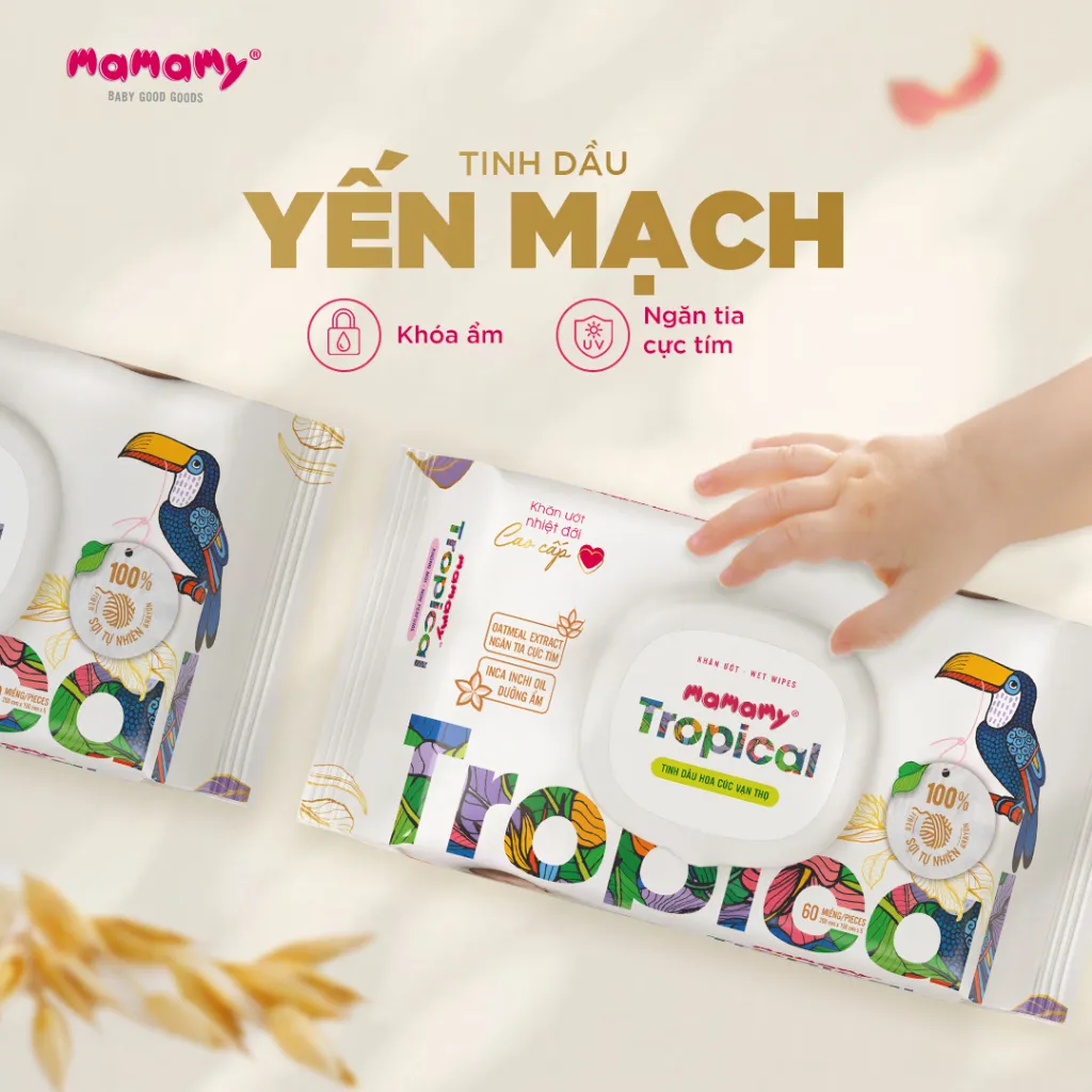 Ảnh -Khăn giấy ướt cao cấp cho bé Mamamy 100% sợi tự nhiên và rayon Tropical gói 90tờ tặng 60tờ, mềm, dai, sạch cực 4
