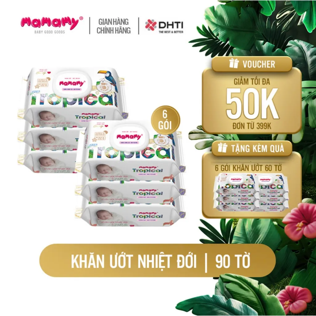 Ảnh Khăn giấy ướt Mamamy Tropical 100% sợi tự nhiên và rayon cho mẹ và bé gói 90 tờ tặng gói 60 tờ 1