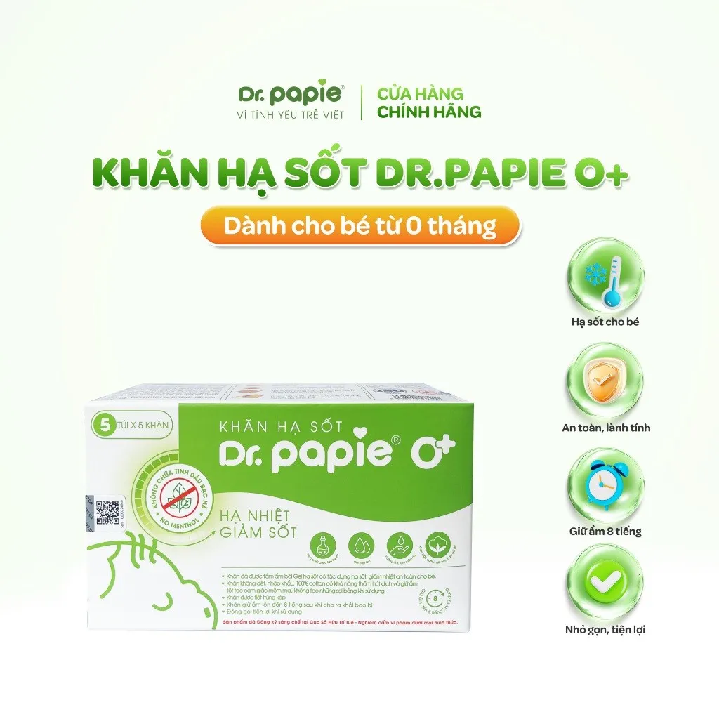 Ảnh Khăn Hạ Sốt Dr.Papie 0+ Hạ sốt Vật lý Chuẩn Nhi Khoa, Ngăn Ngừa Co Giật Cho Bé Hộp 5 Gói x 5 Khăn/Gói 1