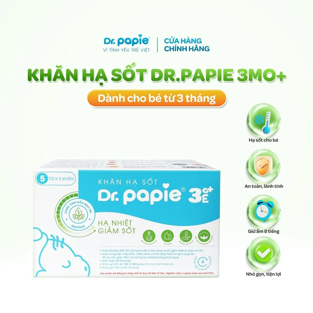 Ảnh Khăn Hạ Sốt Dr.Papie 3mo+ Hạ sốt Vật lý Chuẩn Nhi Khoa, Ngăn Ngừa Co Giật Cho Bé Hộp 5 Gói x 5 Khăn/Gói 1