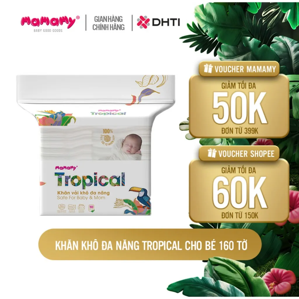 Ảnh -Khăn khô cao cấp cho bé Mamamy 100% sợi tự nhiên và rayon Tropical gói 160 tờ mềm, dai, sạch cực 1
