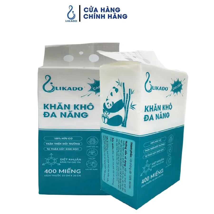 Ảnh Khăn khô đa năng cho bé LIKADO  túi 400 tờ 100 % cotton kích thước 15 x 20cm tự phân hủy ( 1 túi) 2