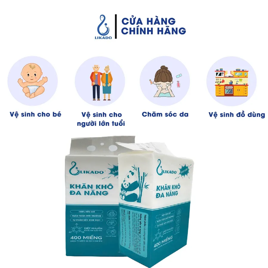Ảnh Khăn khô đa năng cho bé LIKADO  túi 400 tờ 100 % cotton kích thước 15 x 20cm tự phân hủy ( 1 túi) 3
