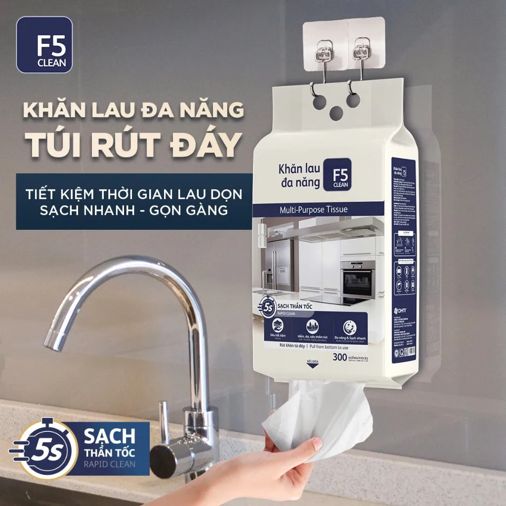 Ảnh Khăn khô lau bếp F5 Clean 300 tờ lau sạch mọi vết bẩn, không để lại sơ vải, tiện dụng, an toàn cho da tay 2