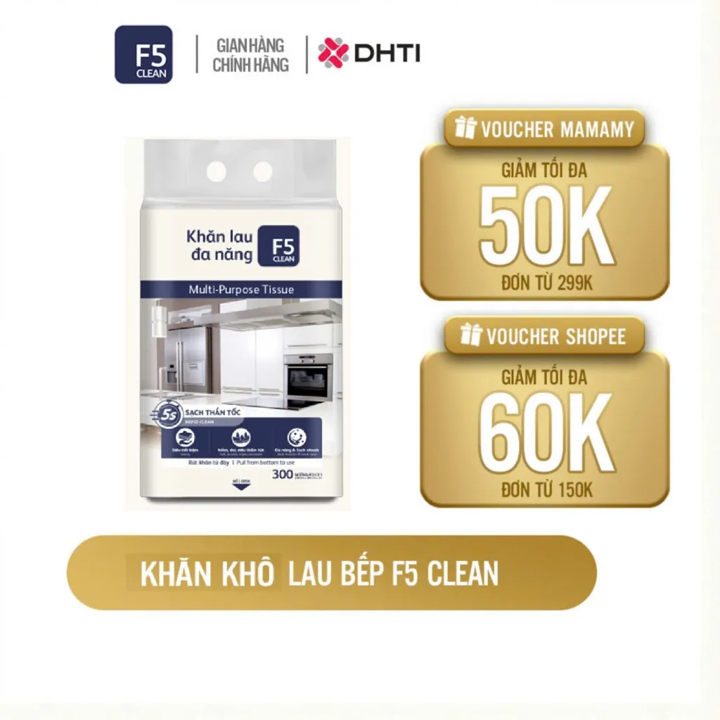 Ảnh -Khăn khô lau bếp F5 Clean 300 tờ lau sạch mọi vết bẩn, không để lại sơ vải, tiện dụng, an toàn cho da tay 1