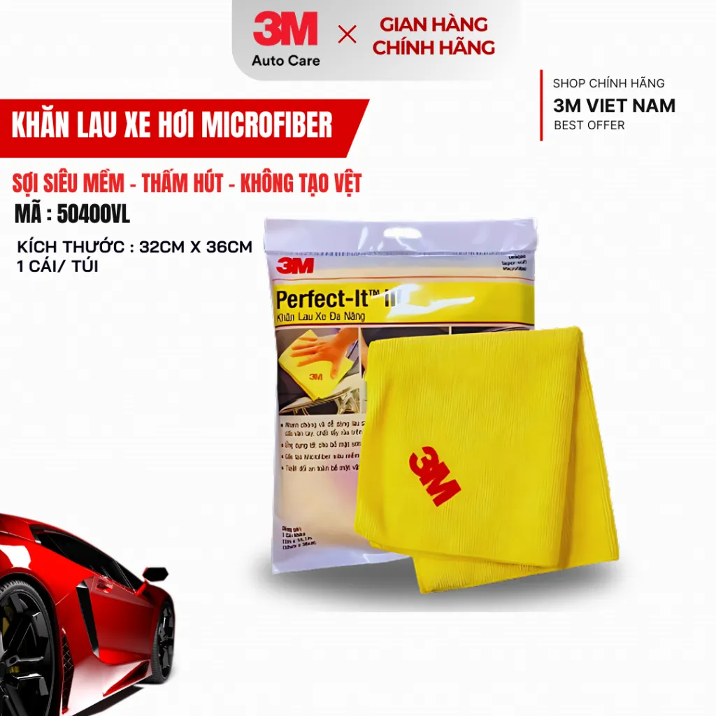 Ảnh Khăn lau xe hơi chuyên dụng Microfiber siêu mềm 3M™ 50400 32 x 36 cm 1