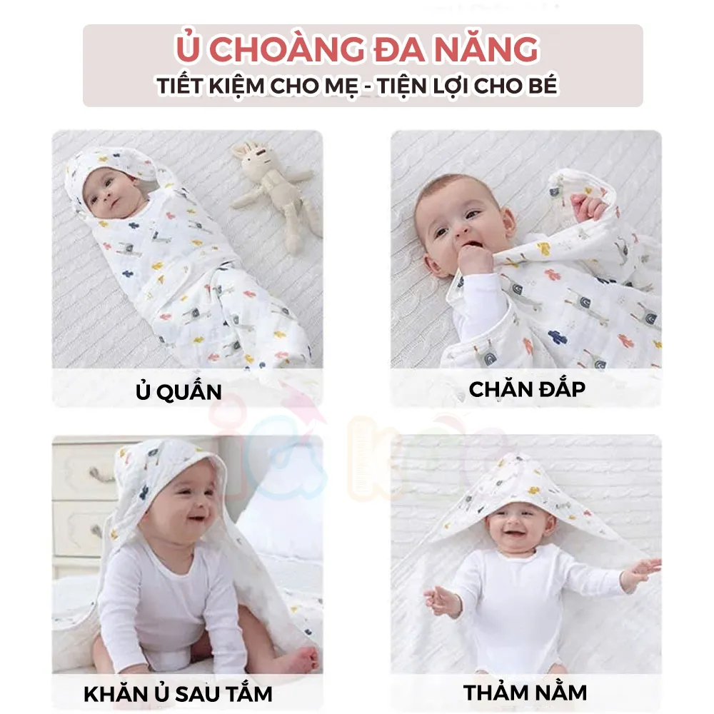 Ảnh Khăn Quấn Ủ Xô Vuông 4 Lớp Có Mũ Organic IQKao Cho Bé Sơ Sinh, chăn ủ choàng Chất Liệu Xô đa năng thoáng mồ hôi UC07 1