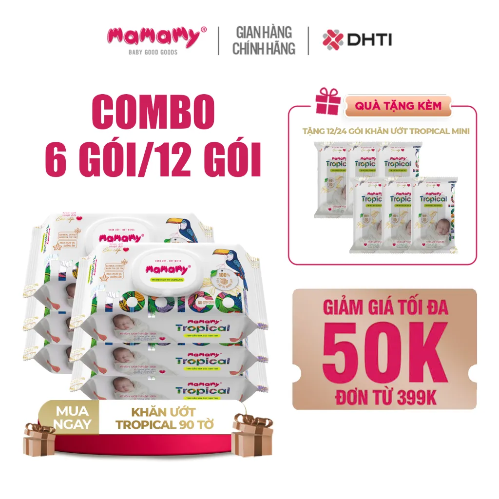Ảnh Khăn ướt cao cấp cho bé Mamamy Tropical gói 90 tờ 100% sợi tự nhiên và rayon ngừa hăm, mềm dai sạch cực 1