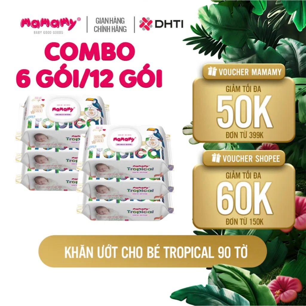 Ảnh Khăn ướt cao cấp cho bé Mamamy Tropical gói 90 tờ 100% sợi tự nhiên và rayon ngừa hăm, mềm dai sạch cực 2