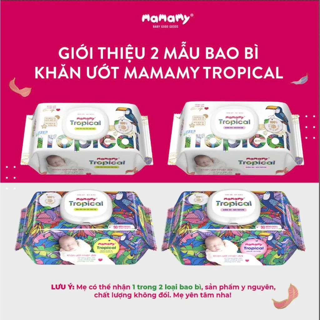 Ảnh Khăn ướt cao cấp cho bé Mamamy Tropical gói 90 tờ 100% sợi tự nhiên và rayon ngừa hăm, mềm dai sạch cực 3