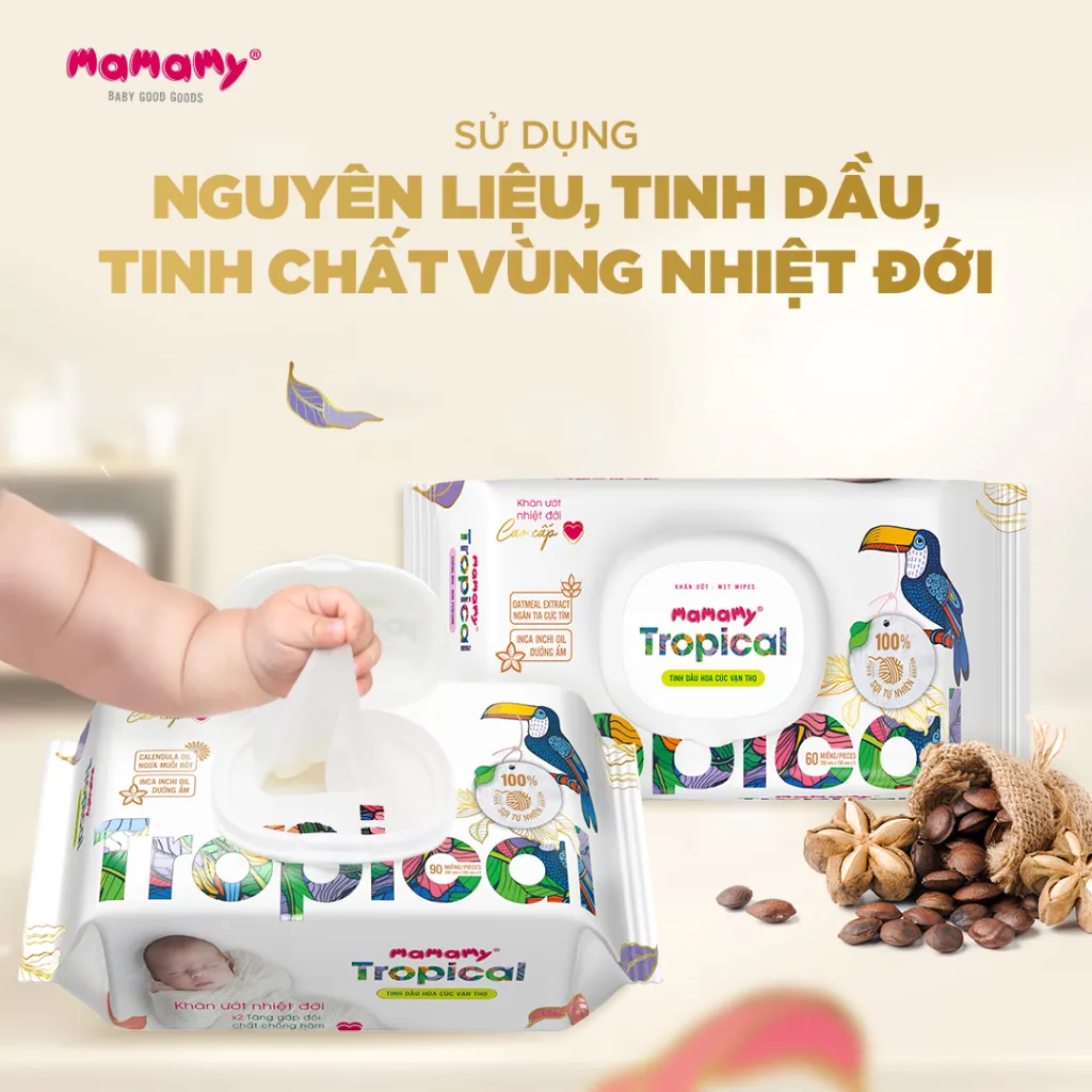 Ảnh Khăn ướt cao cấp cho bé Mamamy Tropical gói 90 tờ 100% sợi tự nhiên và rayon ngừa hăm, mềm dai sạch cực 4