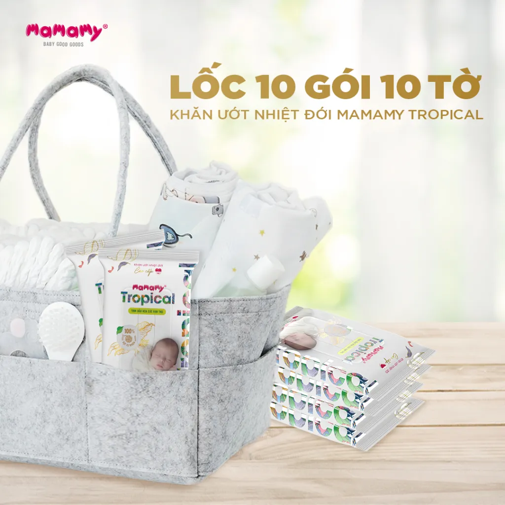 Ảnh -Khăn ướt cao cấp cho bé Mamamy Tropical 10 gói mini 10 tờ 100% sợi tự nhiên và rayon ngừa hăm, mềm dai sạch cực 1