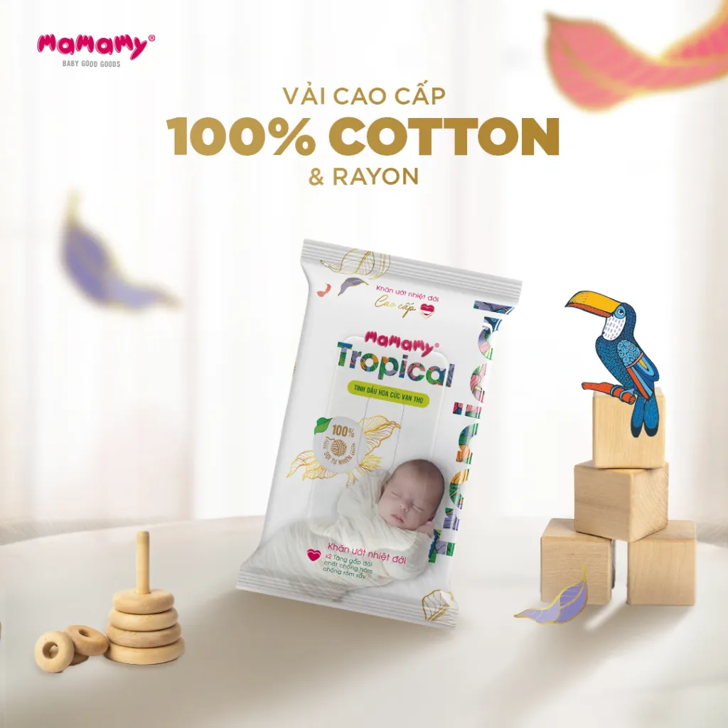 Ảnh -Khăn ướt cao cấp cho bé Mamamy Tropical 10 gói mini 10 tờ 100% sợi tự nhiên và rayon ngừa hăm, mềm dai sạch cực 2