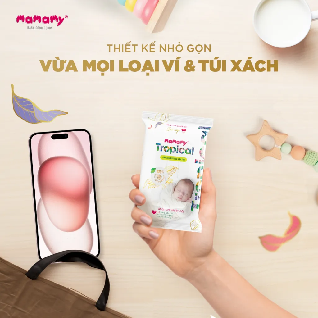 Ảnh -Khăn ướt cao cấp cho bé Mamamy Tropical 10 gói mini 10 tờ 100% sợi tự nhiên và rayon ngừa hăm, mềm dai sạch cực 4