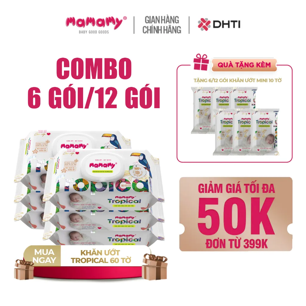 Ảnh Khăn ướt cao cấp cho bé Mamamy Tropical gói 60 tờ 100% sợi tự nhiên và rayon ngừa hăm, mềm dai sạch cực 1
