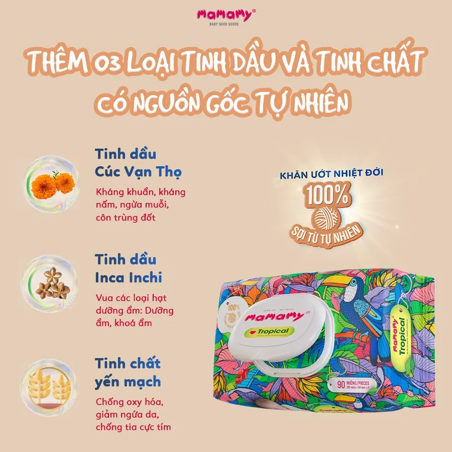 Ảnh Khăn ướt cao cấp cho bé Mamamy Tropical gói 60 tờ 100% sợi tự nhiên và rayon ngừa hăm, mềm dai sạch cực 4