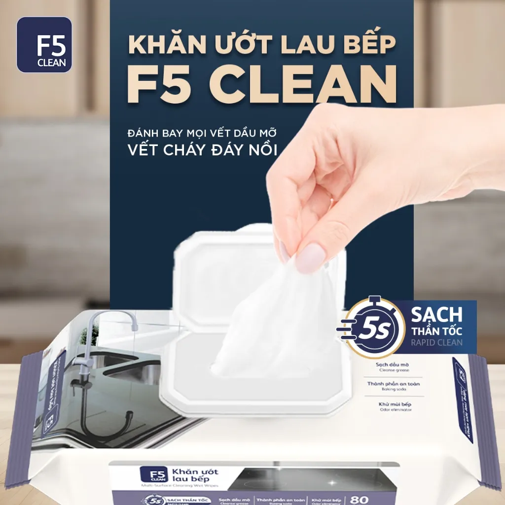 Ảnh Khăn ướt lau bếp F5 Clean sạch mùi bếp khó chịu, an toàn cho da tay và không để lại chất tồn dư 3