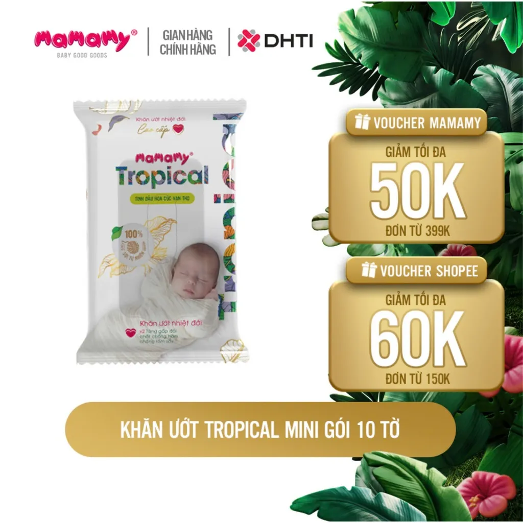 Ảnh Khăn ướt Mamamy Tropical cho mẹ và bé gói 10 tờ tinh dầu cúc vạn thọ, nhỏ gọn, bỏ túi tiện lợi 1
