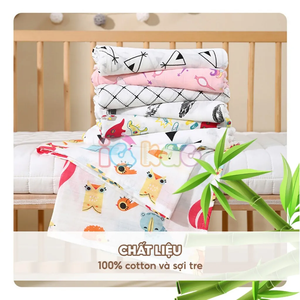 Ảnh Khăn xô tắm sợi tre khăn lau đa năng cho trẻ 120x100cm IQKAO, chăn quấn đắp an toàn họa tiết xinh xắn đáng yêu KT21 3