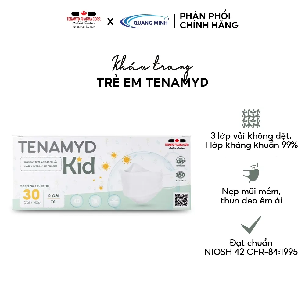 Ảnh Khẩu trang Tenamyd cho bé 4 lớp vải không dệt, giấy kháng khuẩn, thoáng mát, mềm mại 1