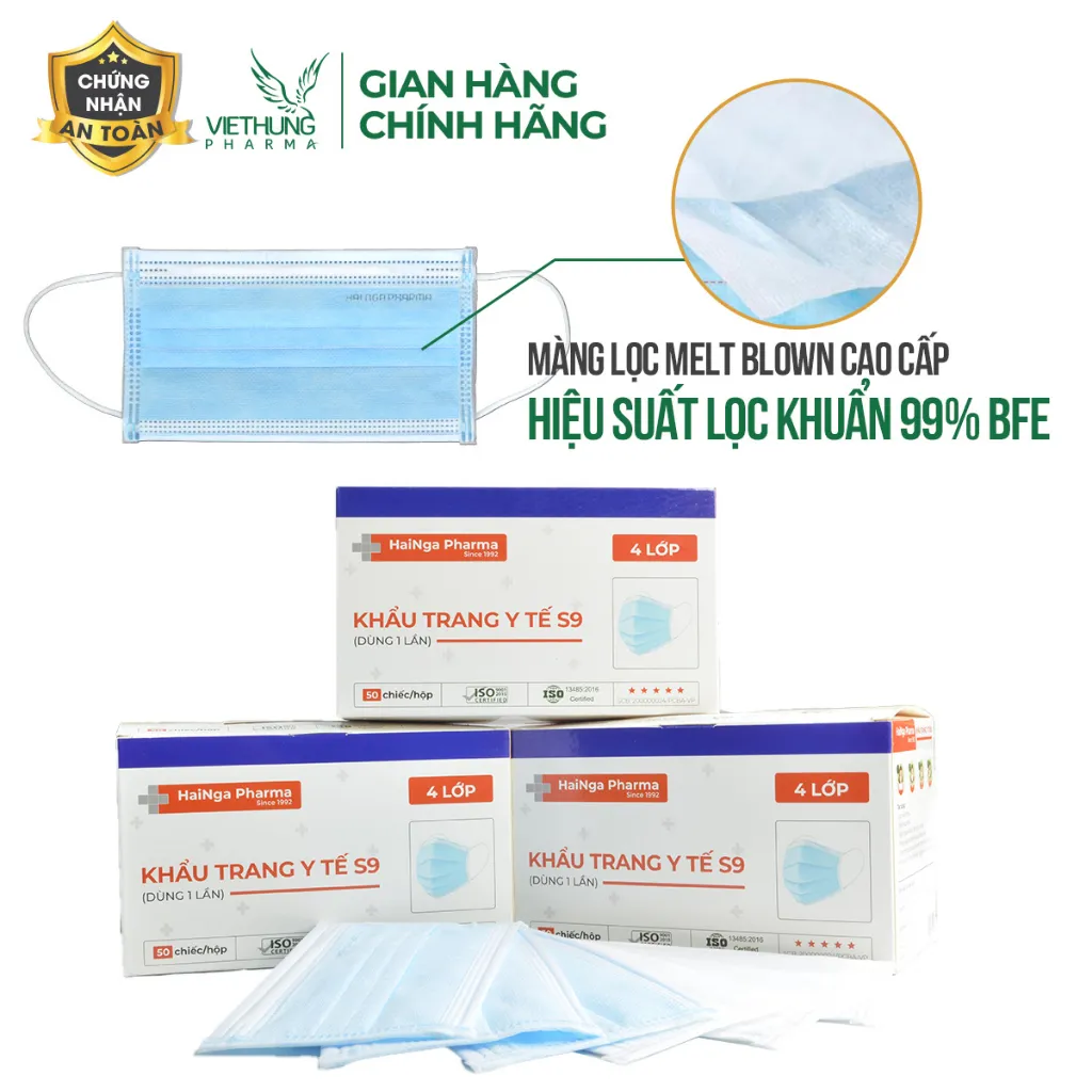 Ảnh Khẩu Trang Y Tế 4 Lớp Kháng Khuẩn VietHung Pharma, Màu Trắng và Xanh, Giúp Diệt Nấm Mốc, Bụi Mịn, Hộp Khẩu Trang 50 Cái 2