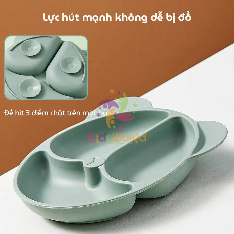 Ảnh Khay cho bé ăn dặm silicon hình gấu KidAndMom 3 ngăn có đế hút chân không chống trơn trượt 2