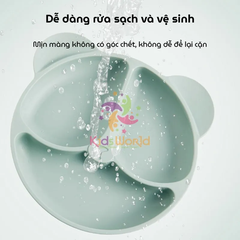 Ảnh Khay cho bé ăn dặm silicon hình gấu KidAndMom 3 ngăn có đế hút chân không chống trơn trượt 3