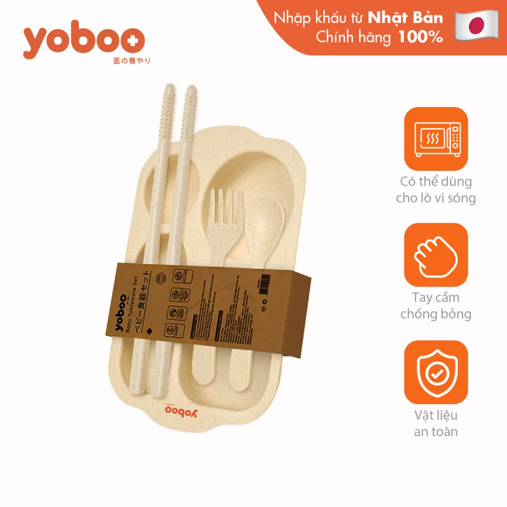 Ảnh Khay tập ăn dặm cho bé Yoboo YB-0031 kèm thìa, muỗng, đũa, chất liệu lúa mạch dùng được cho lò vi sóng - Hàng chính hãng 1