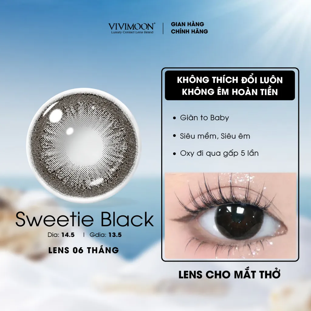Ảnh Kính áp tròng VIVIMOON EYECONIC lens cận cho mắt thở màu đen baby Sweetie Black, giãn tròng to 14.5mm, lens 06 tháng 1