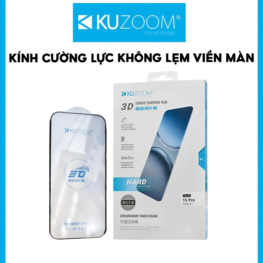 Ảnh Kính Cường Lực 3D Curved Chính Hãng KUZOOM không lẹm, chống vân tay dùng Cho IP 15 Promax-16 Promax 1