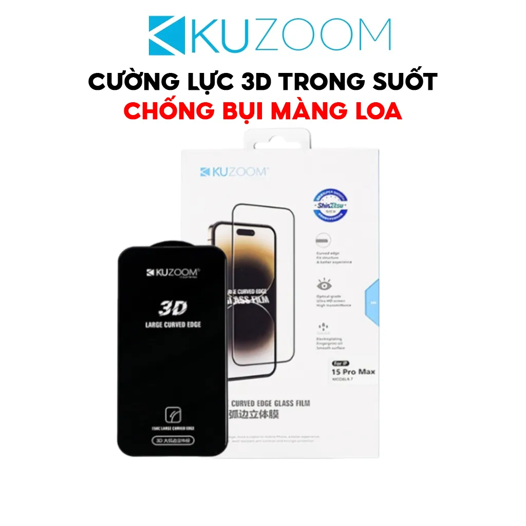 Ảnh Kính Cường Lực 3D Trong Suốt Chống Bám Bụi Màng Loa Chính Hãng KUZOOM Dùng IP X-11-12-13-14-15-16PRM 1
