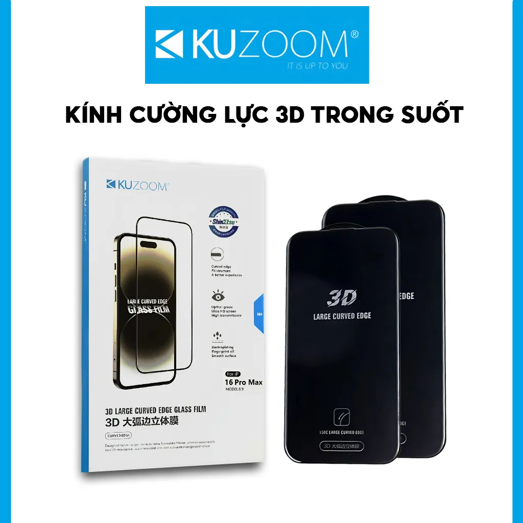 Ảnh Kính Cường Lực 3D Trong Suốt Chính Hãng KUZOOM Dùng IP X-11-12-13-14-15-16-PRO-PLUS-PROMAX 1