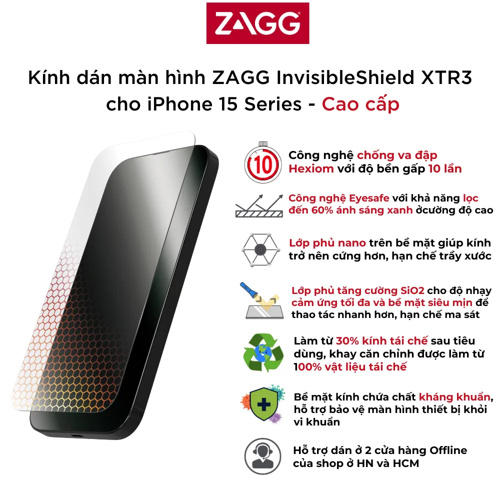 Ảnh Kính cường lực ZAGG các loại: trong, nhám, chống nhìn trộm, bảo vệ mắt, XTR 3