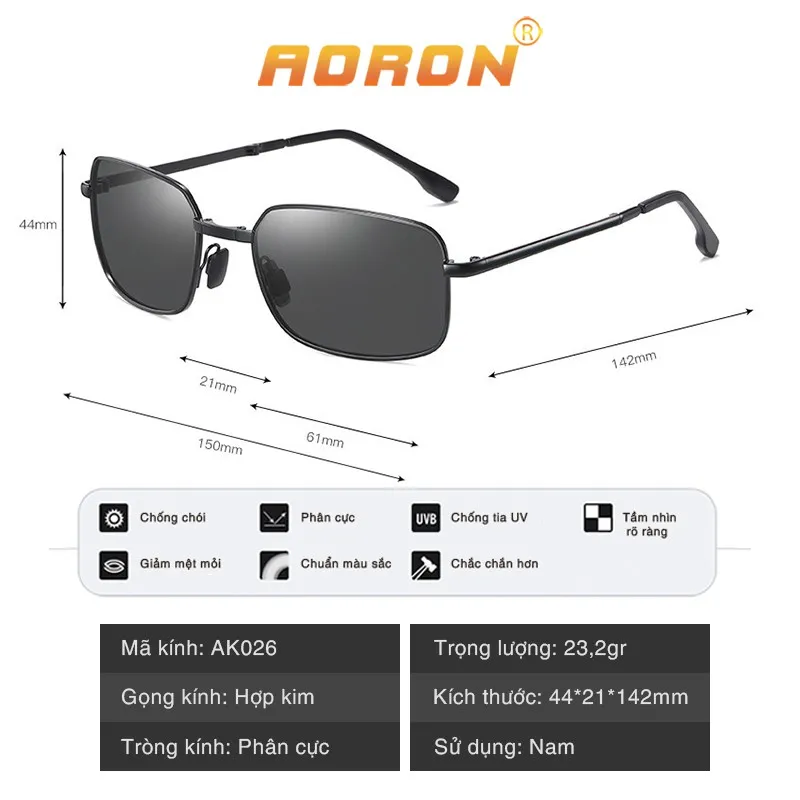 Ảnh Kính Mát Nam Thời Trang, Mắt Vuông Tròng Phân Cực Đổi Màu Chống Lóa Ngày Đêm, Gọng Kính Gập Tiện Lợi AK026 - AORON 2