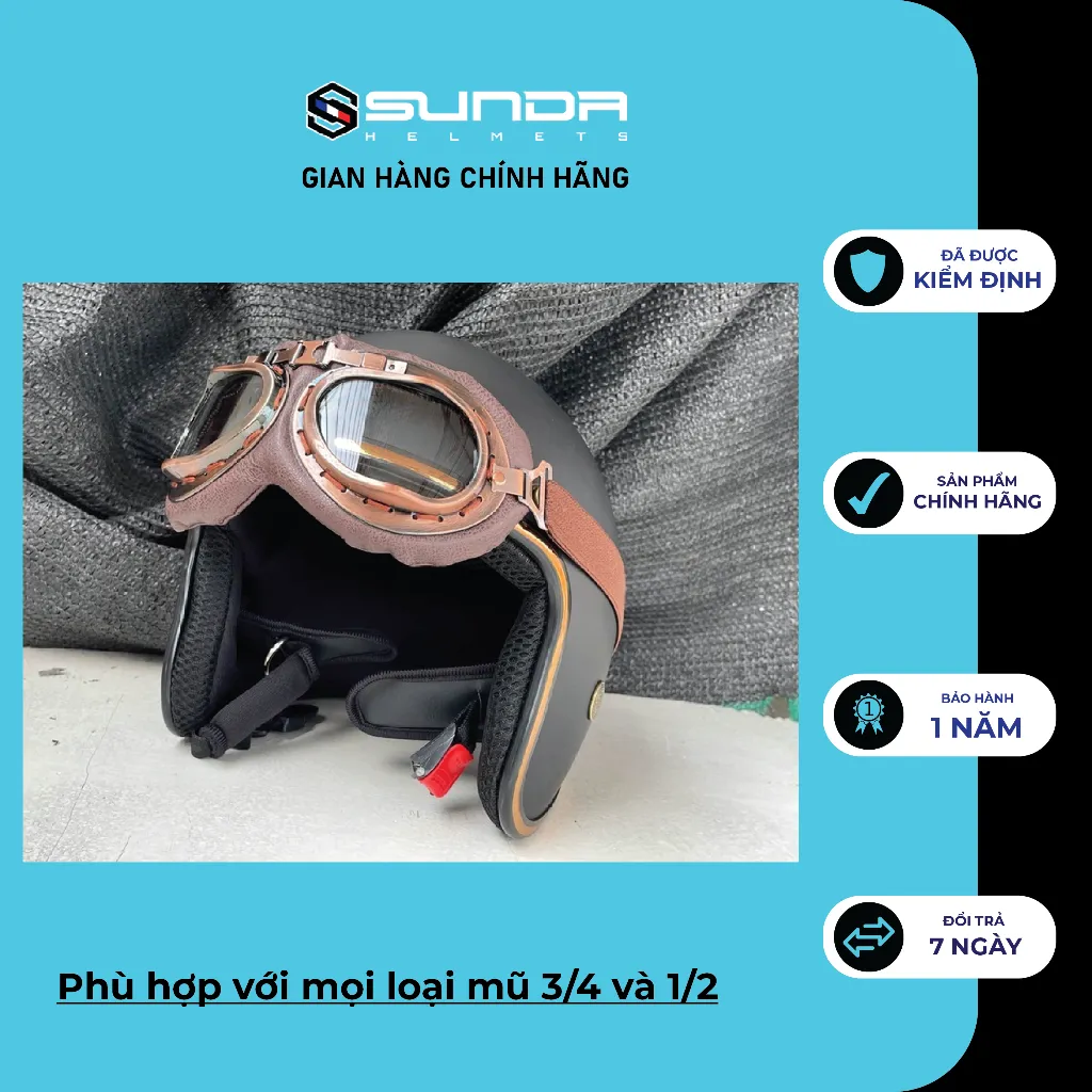 Ảnh Kính Phi Công - UV400 SUNDA gắn mũ bảo hiểm nửa đầu - mũ 3/4 3