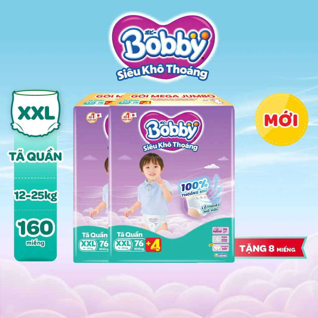 Ảnh [KOL] [TẶNG MIẾNG NGẪU NHIÊN] Combo 02 tã quần Bobby Siêu Khô Thoáng - 100% Thoáng Khí Mega Jumbo M112/L96/XL84/XXL76 4
