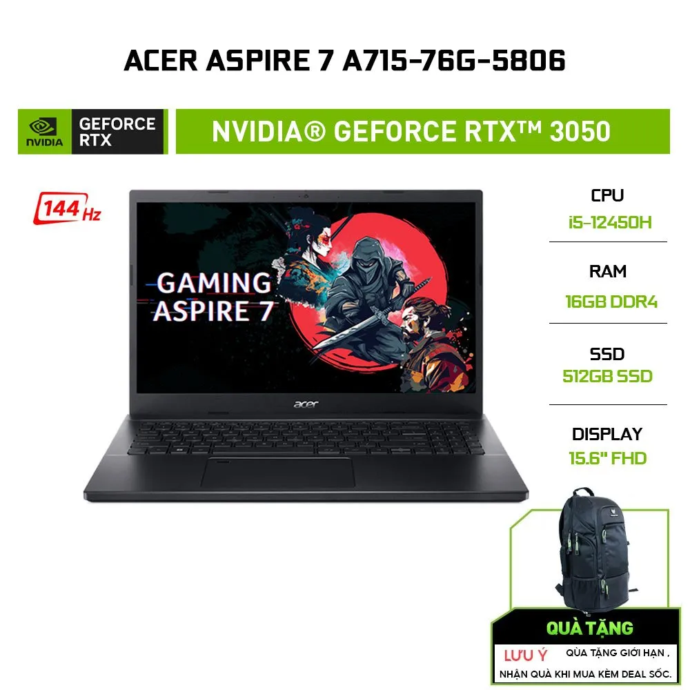 Ảnh Laptop Acer Aspire 7 A715-76G-5806 i5-12450H | GeForce RTX™ 3050 4GB | 16GB | 512GB | 15.6' FHD 144Hz 1